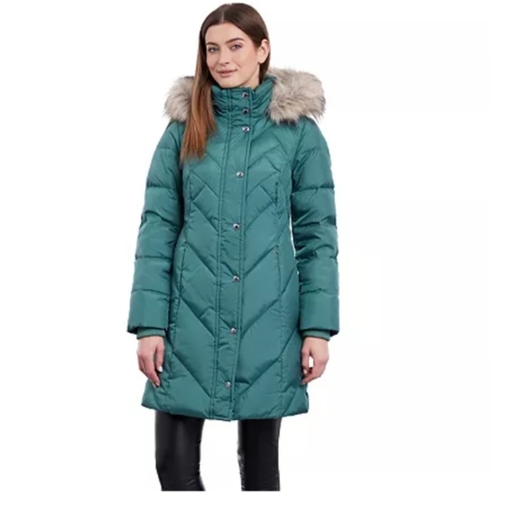 TOWER by London Fog Faux-Fur Hood Down-Fill CoatColor: Sage, Size: LARGE (EUC) - Picture 1 of 12